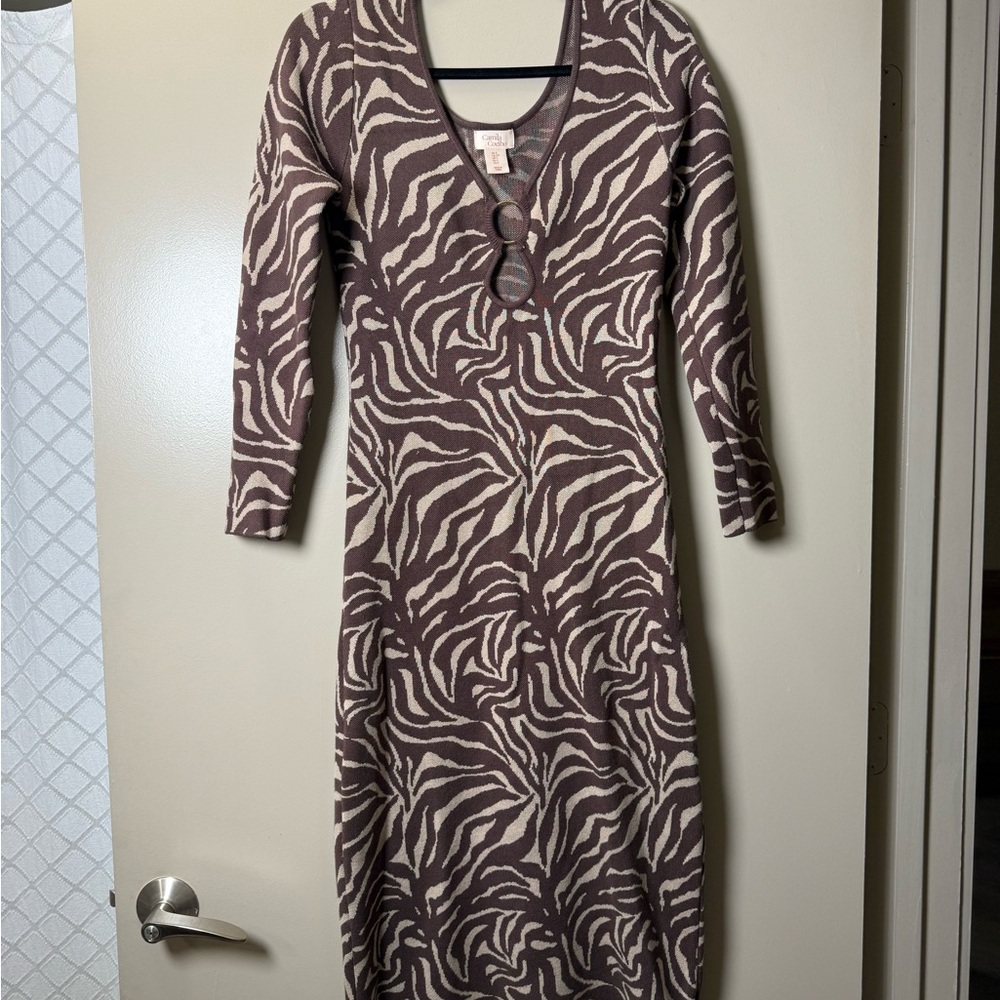 Camila Coelho Brown & Cream Zebra-Print Long Sleeve Knit Dress
